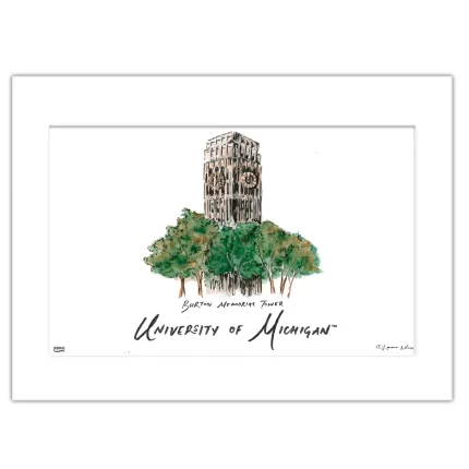 Michigan Burton Memorial Tower, Matted Watercolor Wall Art 11" x 14" by Laura Wilcox