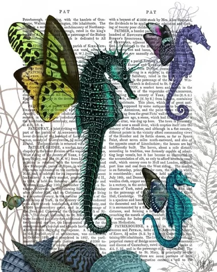 Seahorse Trio With Wings, Book Print, Art Print, Wall Art