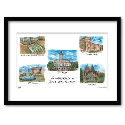 Texas at Austin Collage, Framed Watercolor Wall Art 16" x 20" by Laura Wilcox