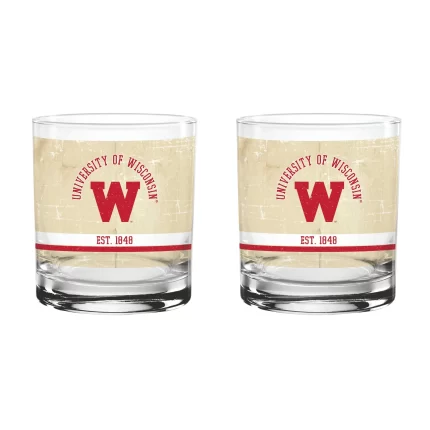 Wisconsin Badgers Set of 2 College Vault Tan Retro 14oz Rocks Glasses