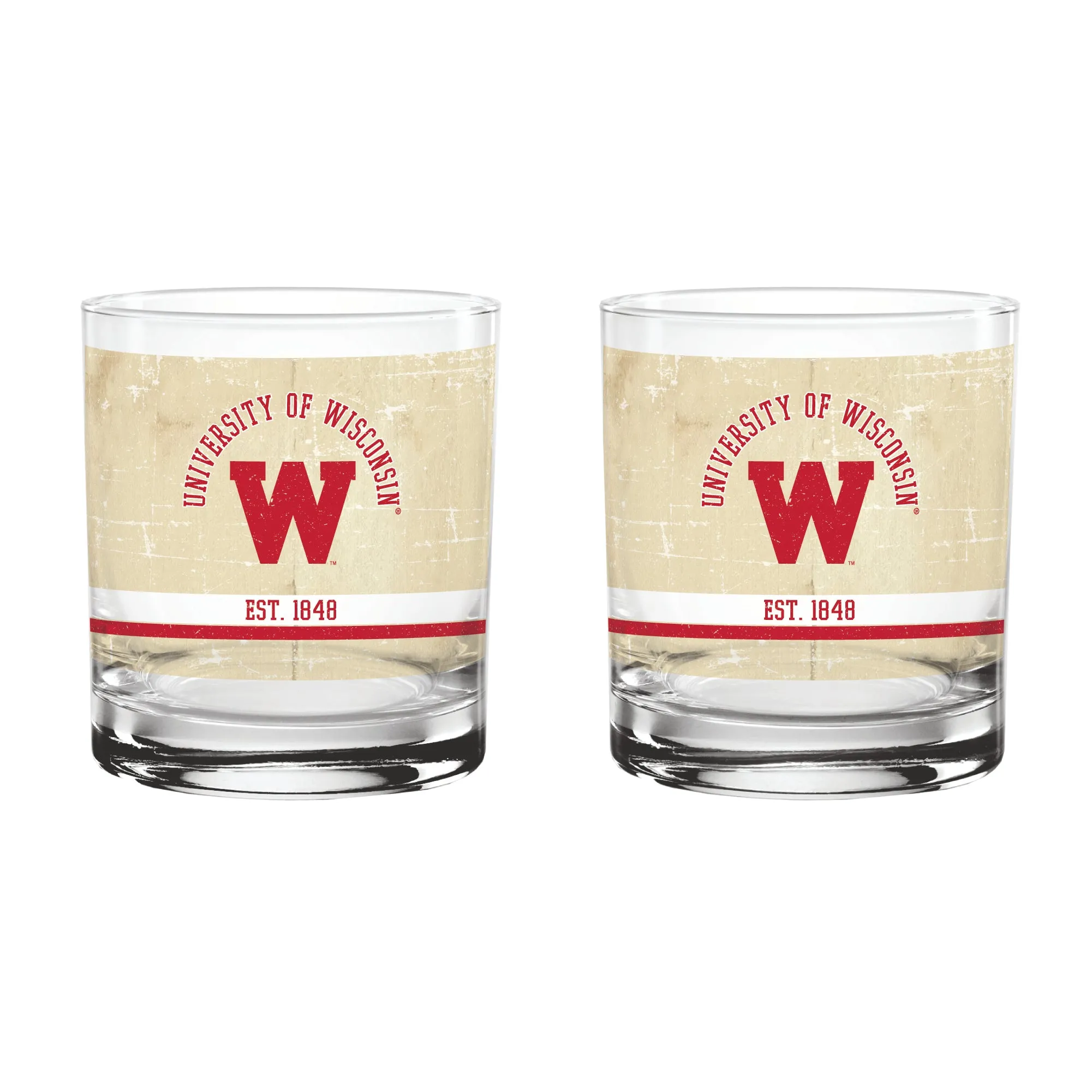 4eWisconsin-Badgers-Set-of-2-College-Vault-Tan-Retro-14oz-Rocks-Glasses