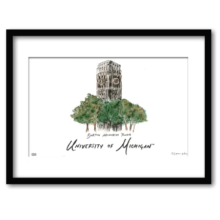 Michigan Burton Memorial Tower, Framed Watercolor Wall Art 16" x 20" by Laura Wilcox