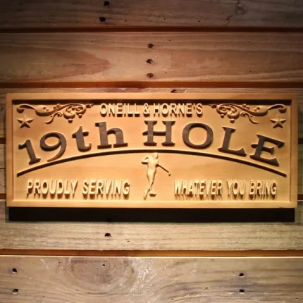 Personalized Golf 19th Hole Bar Man Cave Custom Wood Sign 3D Engraved Wall Plaque