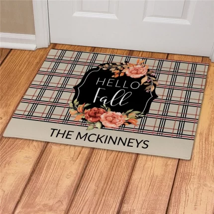 Hello Fall Plaid Personalized Doormat - Custom Autumn Entry Mat