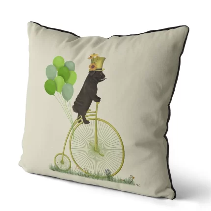 Pug Black on Penny Farthing, Cushion / Throw Pillow