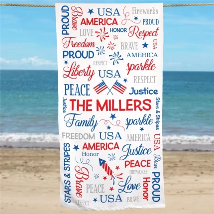 Fourth of July Word Art Custom Beach Towel