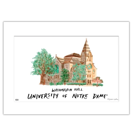 Notre Dame Washington Hall, Matted Watercolor Wall Art 11" x 14" by Laura Wilcox