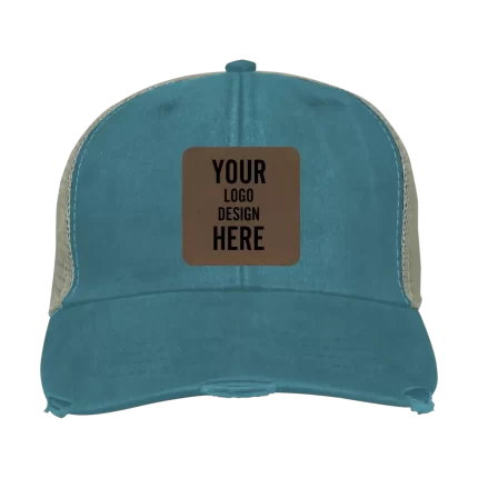 Adam's Ollie Distressed Trucker Hat - Teal with Leatherette Patch - Square