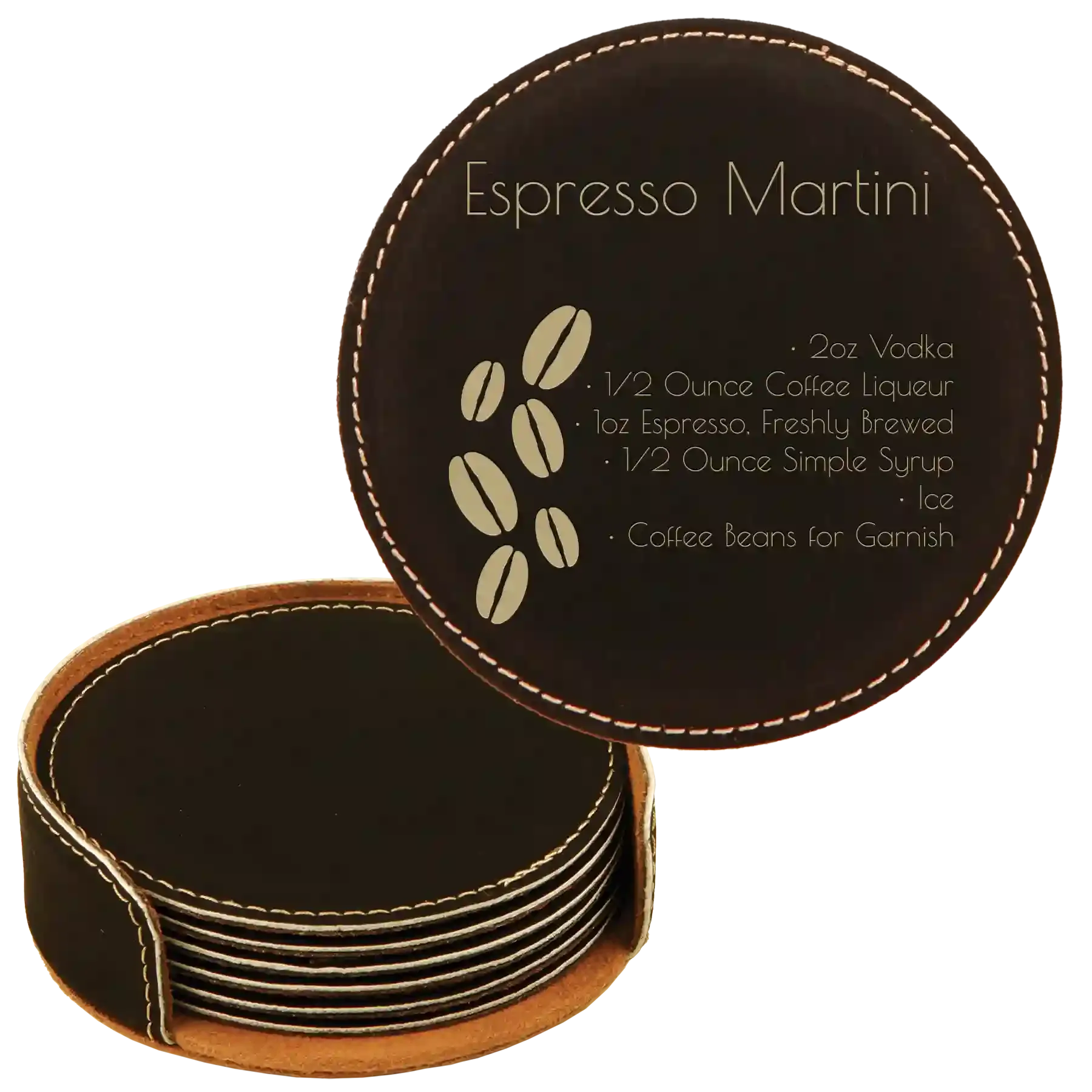 4xPersonalized-Cocktail-Recipe-Round-Leatherette-Coasters-Set-of-6-Black-Gold