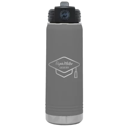 Personalized 2 lines Grad Name and Class 20 oz Water Bottle - Dark Gray