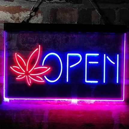 Open Hemp Leaf Marijuana Dispensary LED Light Sign