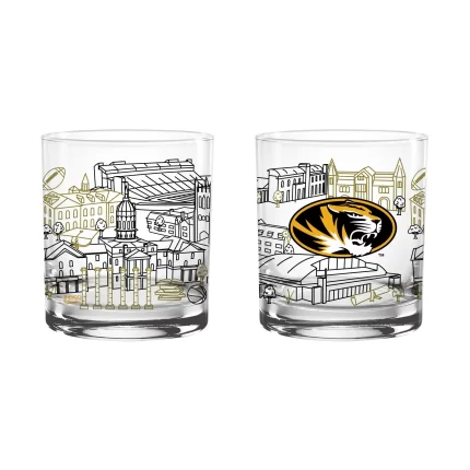 Set of 2 Missouri Tigers Campus Line Art 14oz Rocks Glasses
