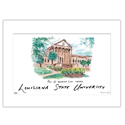 LSU Paul M. Hebert Law Center, Matted Watercolor Wall Art 16" x 20" by Laura Wilcox