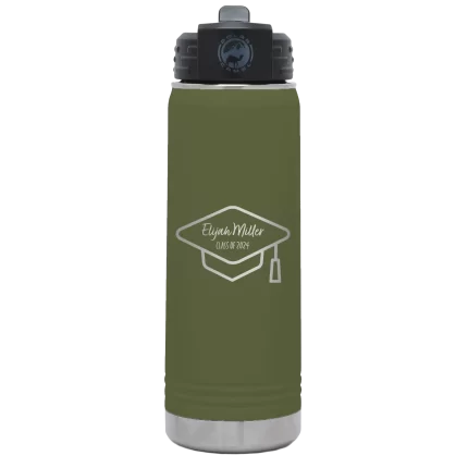 Personalized 2 lines Grad Name and Class 20 oz Water Bottle - Olive Green