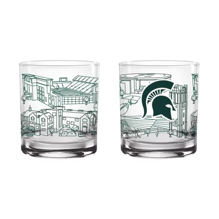 Set of 2 Michigan State Spartans Campus Line Art 14oz Rocks Glasses