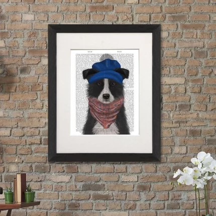 Border Collie in Blue Bobble Hat, Book Print, Dog Art Print, Wall Art