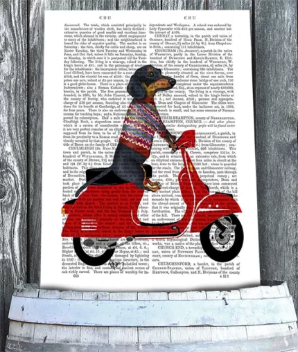 Dachshund on a Moped, Book Print, Dog Art Print, Wall Art