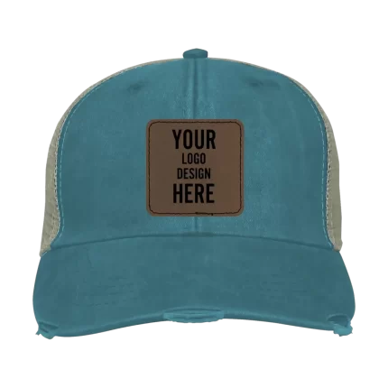 Adam's Ollie Distressed Trucker Hat - Teal with Leatherette Patch - Square Stitch