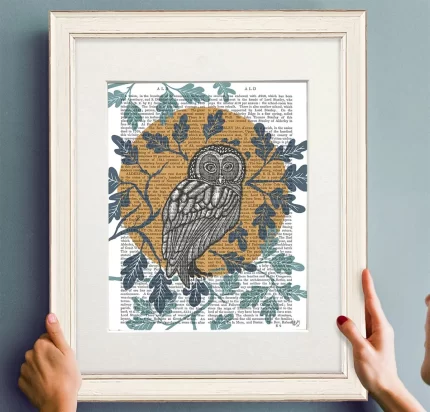 Country Lane Owl in Moon, Book Print, Art Print, Wall Art