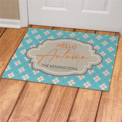 Blue and Orange Plaid Personalized Doormat - Custom Welcome Mat