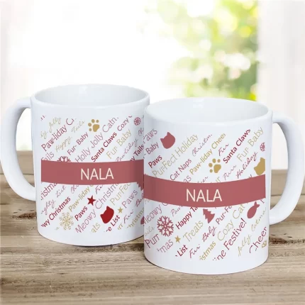 Christmas Cat Word Art Mug - Red or Sage Static Design