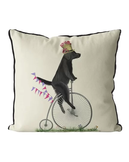 Flat Coated Retriever on Penny Farthing, Cushion / Throw Pillow