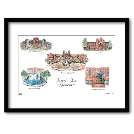 Florida State Collage, Framed Watercolor Wall Art 11" x 14" by Laura Wilcox