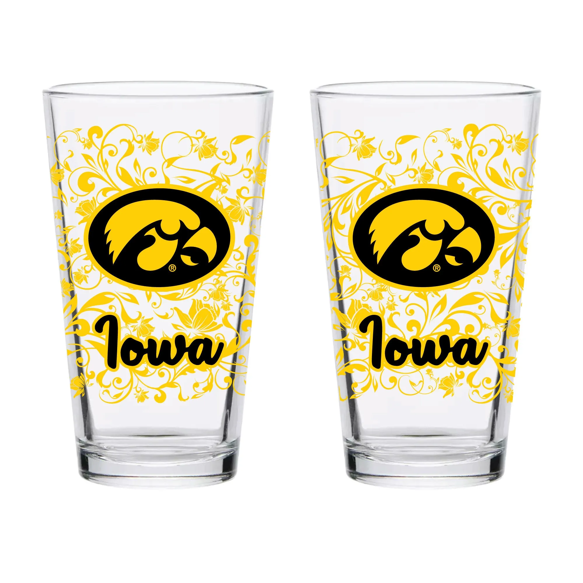 5pSet-of-2-Iowa-Hawkeyes-16oz-XD-Floral-Pint-Glasses