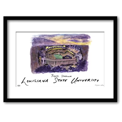 LSU Tiger Stadium, Framed Watercolor Wall Art 11" x 14" by Laura Wilcox
