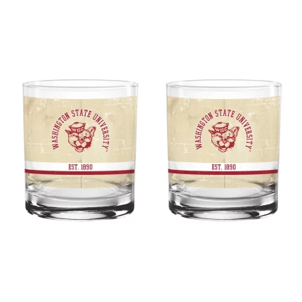 Washington State Set of 2 College Vault Tan Retro 14oz Rocks Glasses