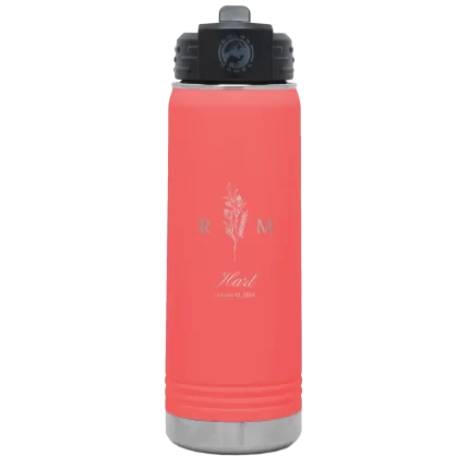 Personalized 3 Lines Initial Last Name Anniversary 20 oz Water Bottle - Coral