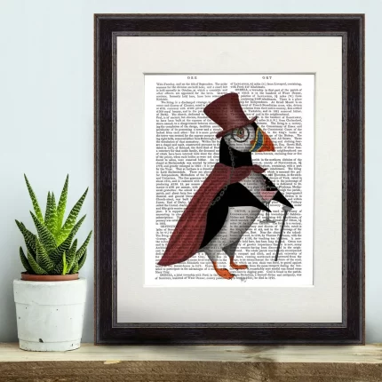 Puffn with top hat, Book Print, Art Print, Wall Art