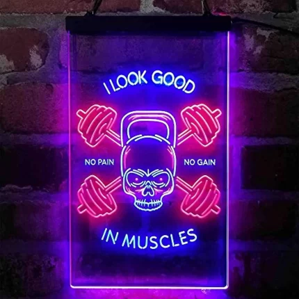 No Pain No Gain I Look Good in Muscles Weight Train Gym Fitness LED Light Sign