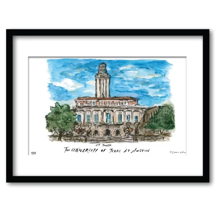 Texas at Austin UT Tower, Framed Watercolor Wall Art 16" x 20" by Laura Wilcox