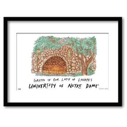 Notre Dame Grotto of Our Lady of Lourdes, Framed Watercolor Wall Art 11" x 14" by Laura Wilcox