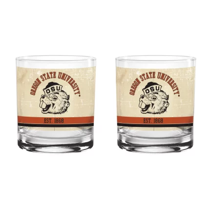 Oregon State Beavers Set of 2 College Vault Tan Retro 14oz Rocks Glasses