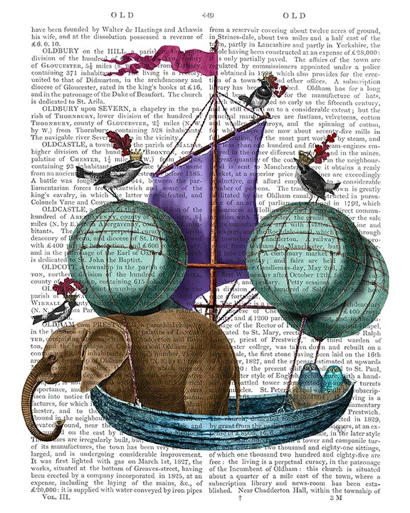 6kElephant-in-Airship-with-Owls-Birds-Book-Print-Art-Print-Wall-Art
