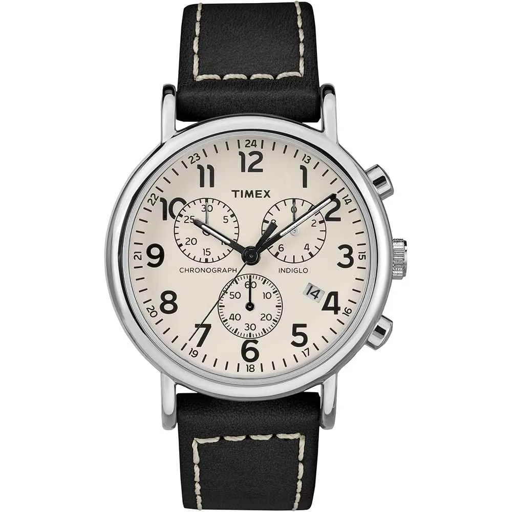 6kMen-s-Weekender-Chronograph-40mm-Watch-White-Dial-Black-Leather-Strap