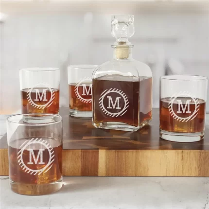 Custom Whiskey Decanter Glass Set - Groomsmen Gift with Striped Circle Design