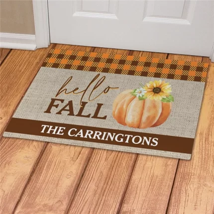 Orange Plaid Pumpkin Personalized Doormat - Custom Fall Entry Mat