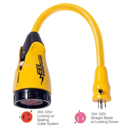 P15-30 EEL 30A-125V Female to 15A-125V Male Pigtail Adapter - Yellow