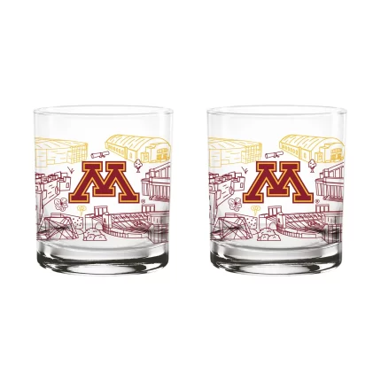 Set of 2 Minnesota Golden Gophers Campus Line Art 14oz Rocks Glasses