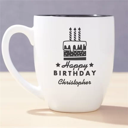 Engraved Happy Birthday Cake Bistro Mug - Custom Birthday Bistro Coffee Mug