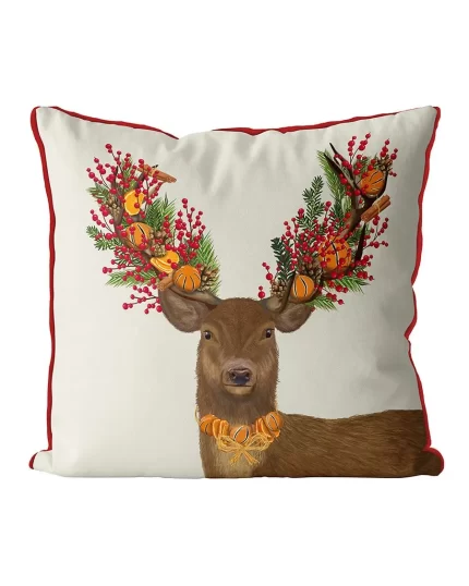 Deer, Cranberry and Orange Wreath, Cushion / Throw Pillow