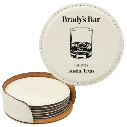 Personalized Bar EST Round Leatherette Coasters Set of 6 - White