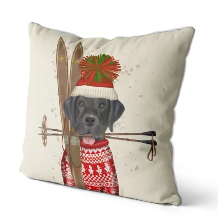 Black Labrador, Skiing, Cushion / Throw Pillow