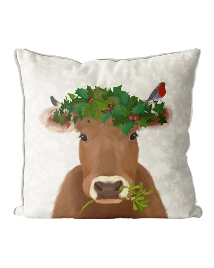 Cow and Holly Crown, Christmas Cushion / Throw Pillow