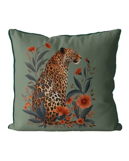 Leopard Orange Flowers 1 Cushion, Throw Pillow in Green or Taupe