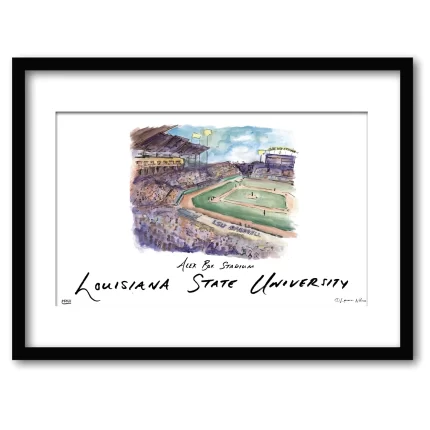LSU Alex Box Stadium, Framed Watercolor Wall Art 16" x 20" by Laura Wilcox