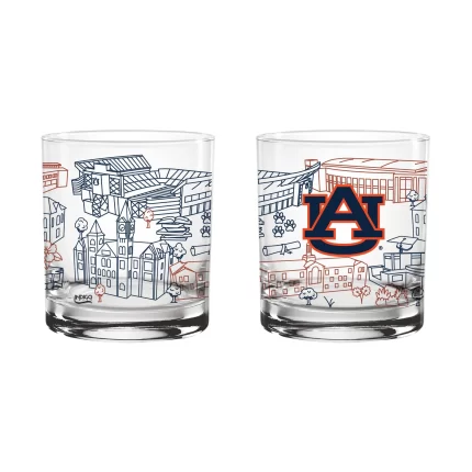 Set of 2 Auburn Tigers Campus Line Art 14oz Rocks Glasses